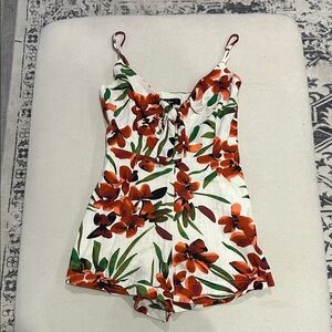 Lulu's Floral Print Romper with Orange and Green